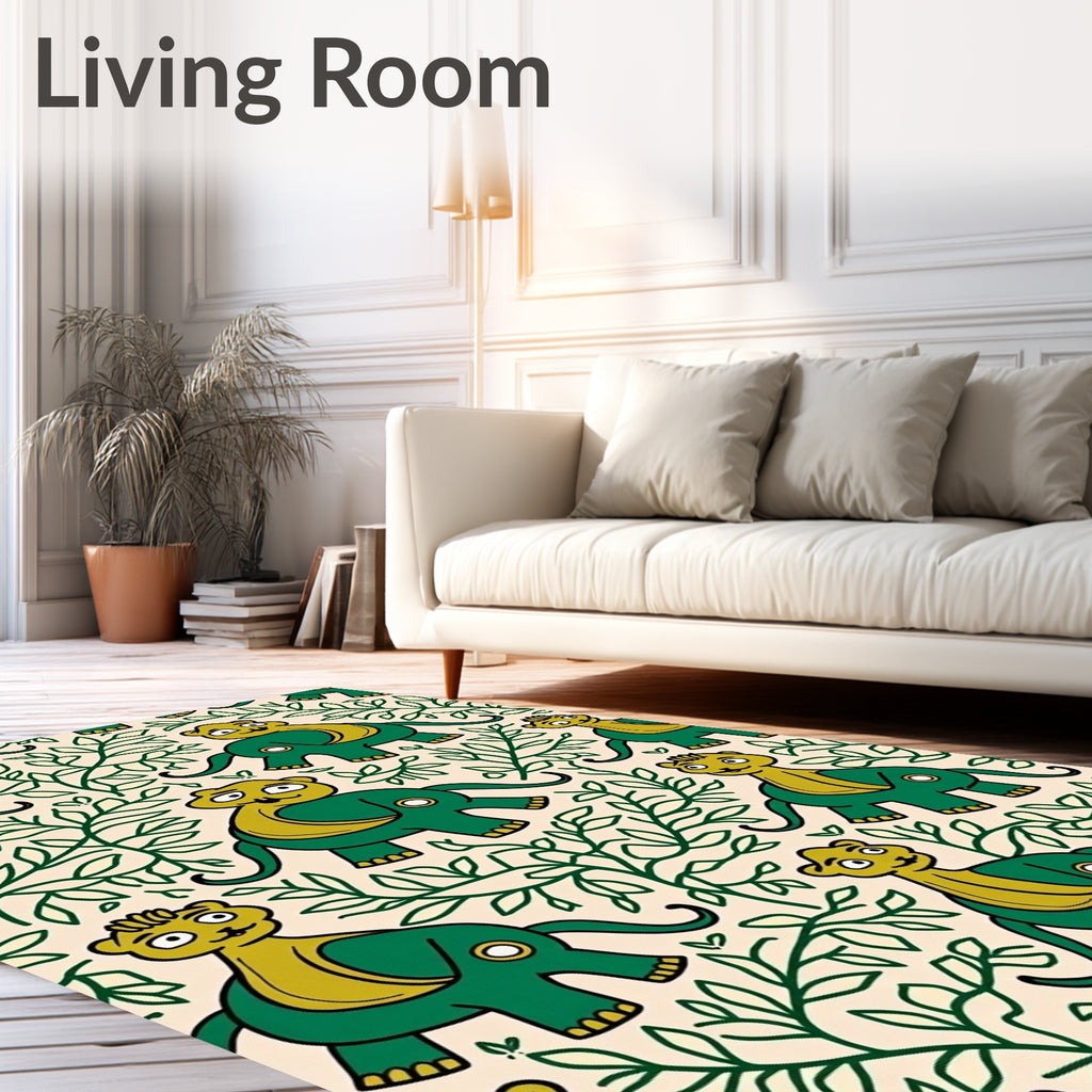 Playful Green Dinosaur Foliage Scene Rug
