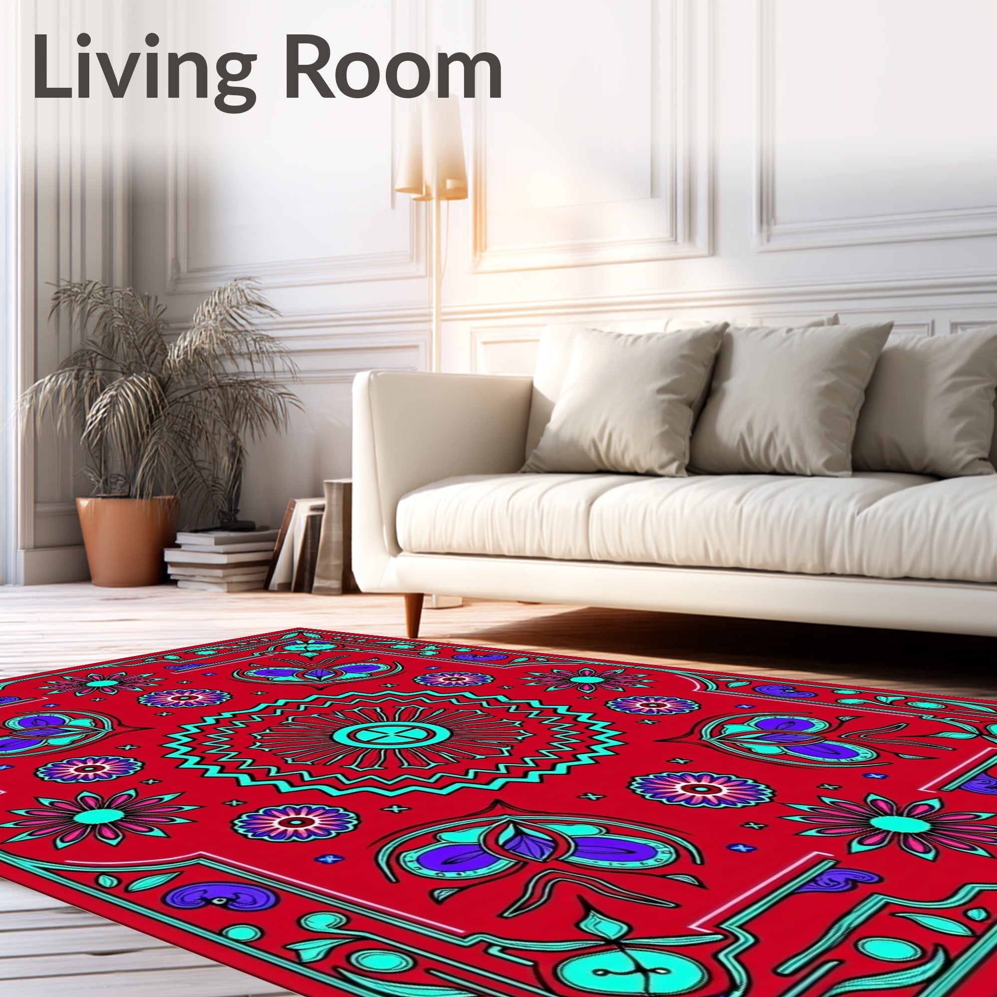 Vibrant Red Teal Floral Medallion Rug