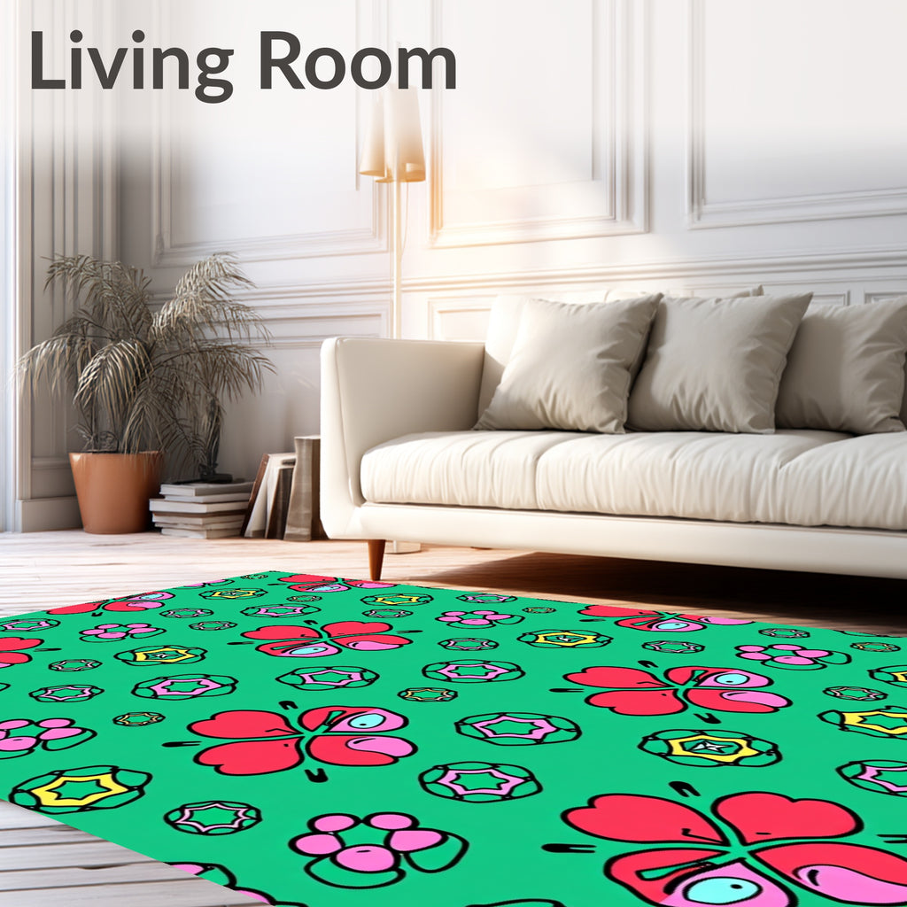 Whimsical Red Clover Green Floral Rug