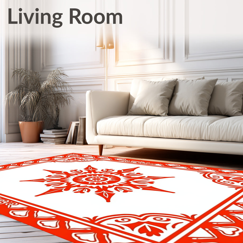 Vibrant Red Sunburst Mandala Border Rug