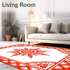 Vibrant Red Sunburst Mandala Border Rug