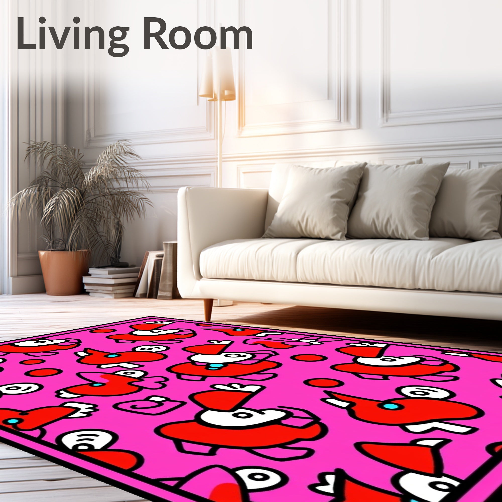 Vibrant Red Cartoon Creatures Pink Background Rug