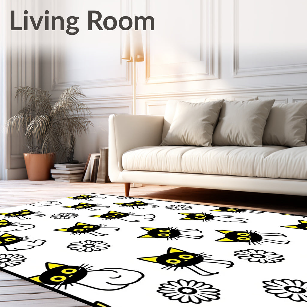 Black Cat Yellow Flower Fun Repeating Rug