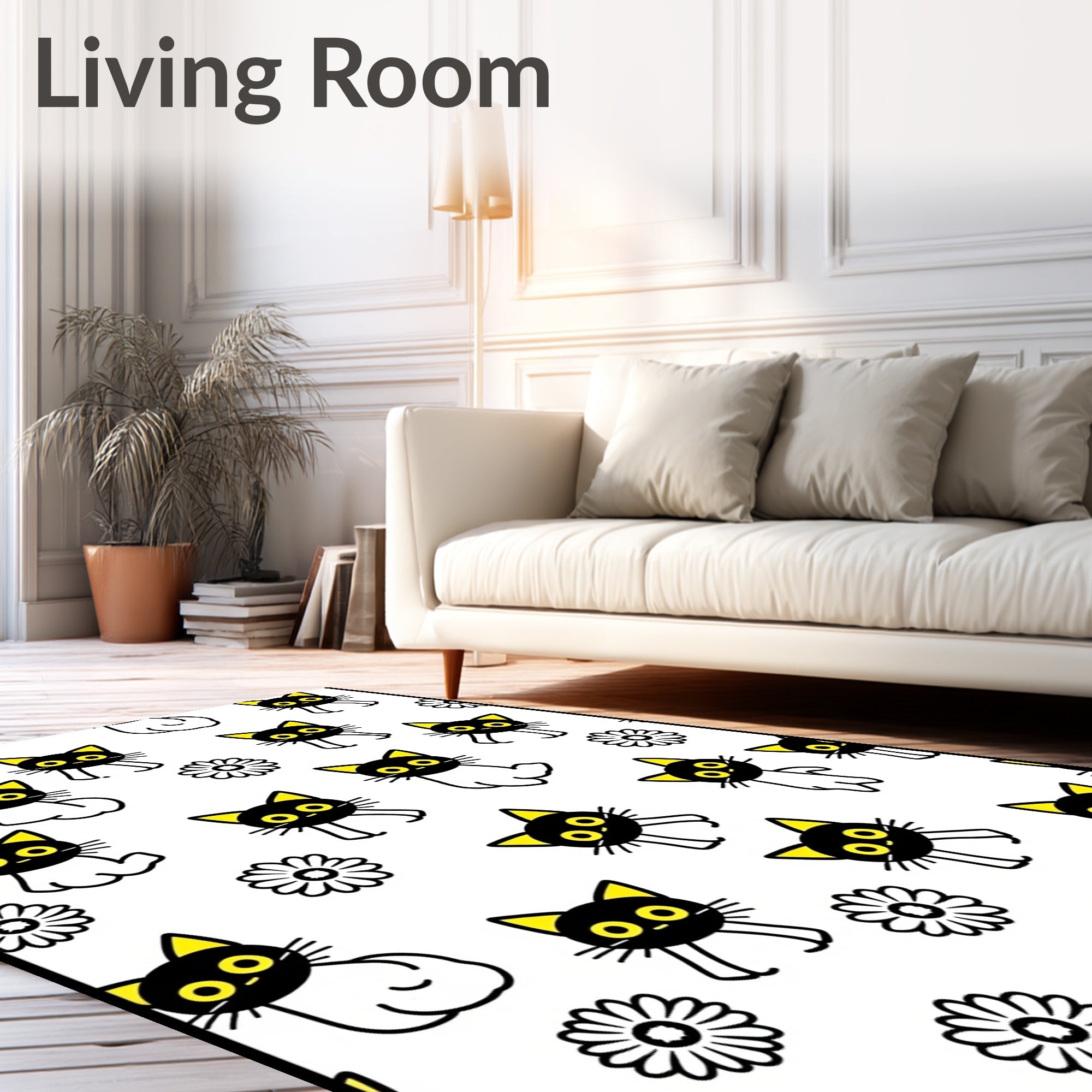 Black Cat Yellow Flower Fun Repeating Rug