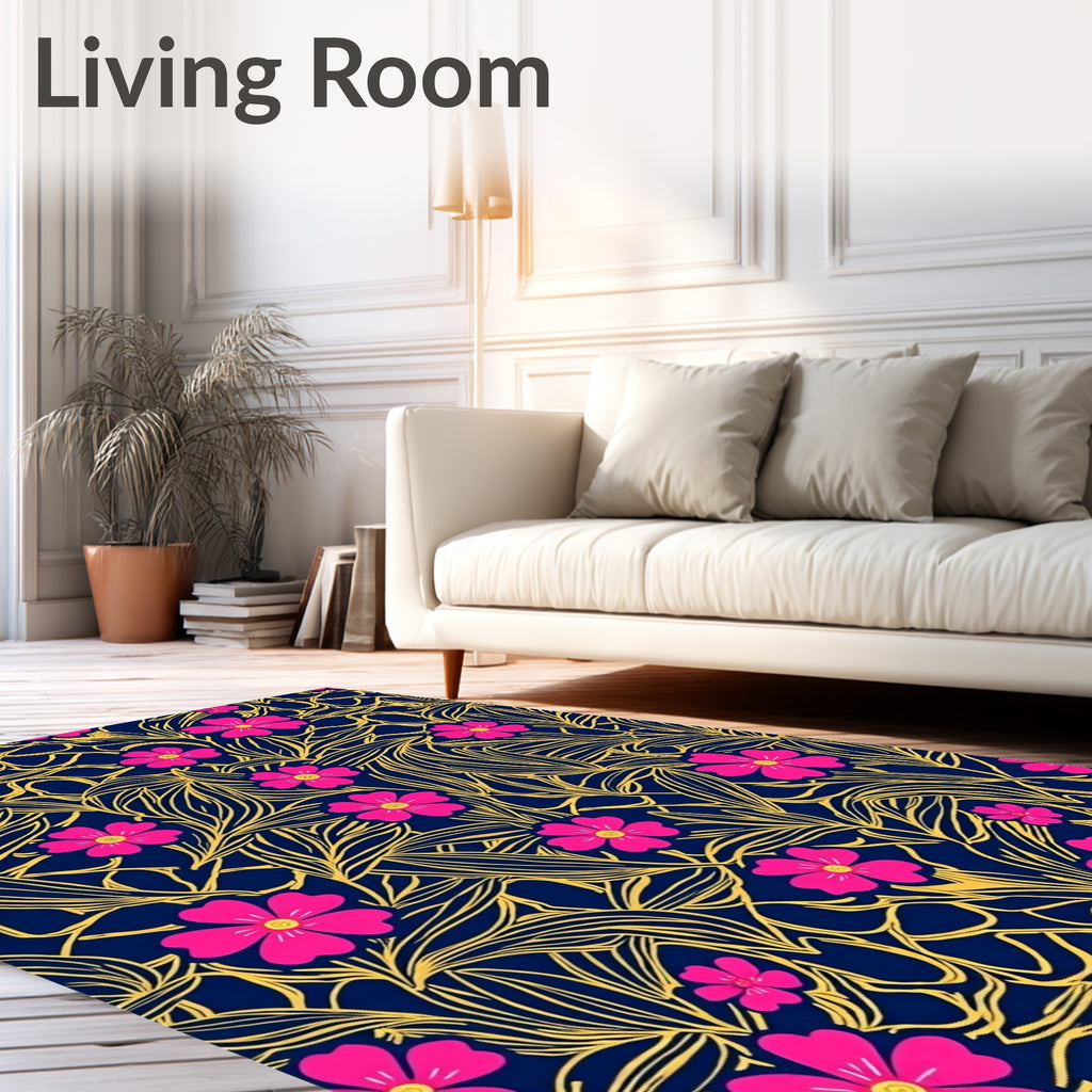 Vibrant Pink Floral Navy BackgroundRug Rug