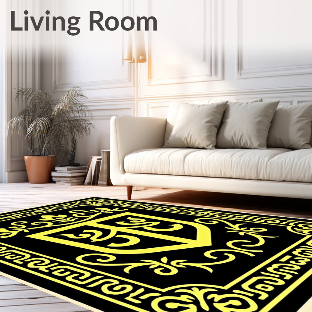 Bold Yellow Shield Ornamental Black Rug