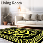 Bold Yellow Shield Ornamental Black Rug