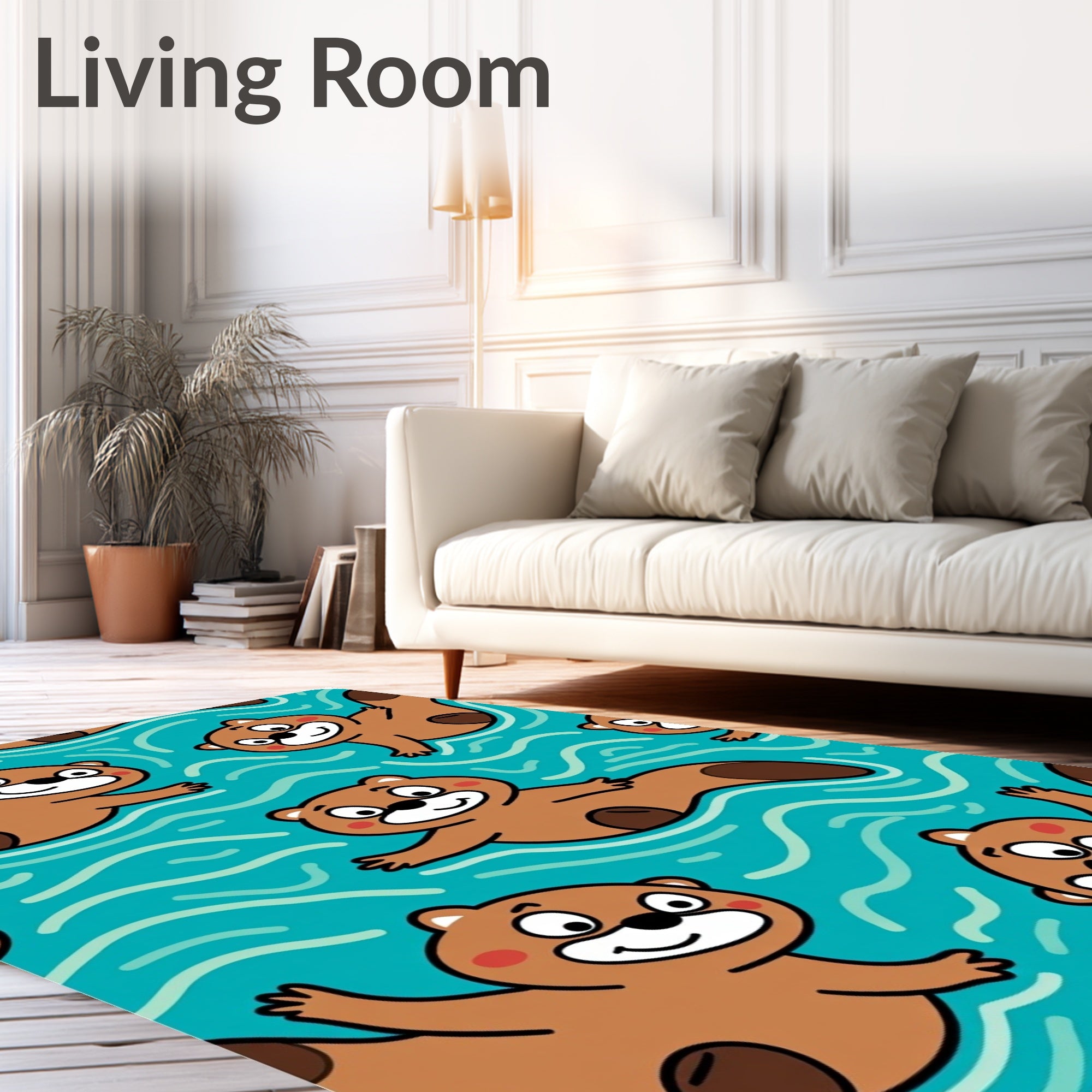 Cute Otters Swimming Blue Waves Rug