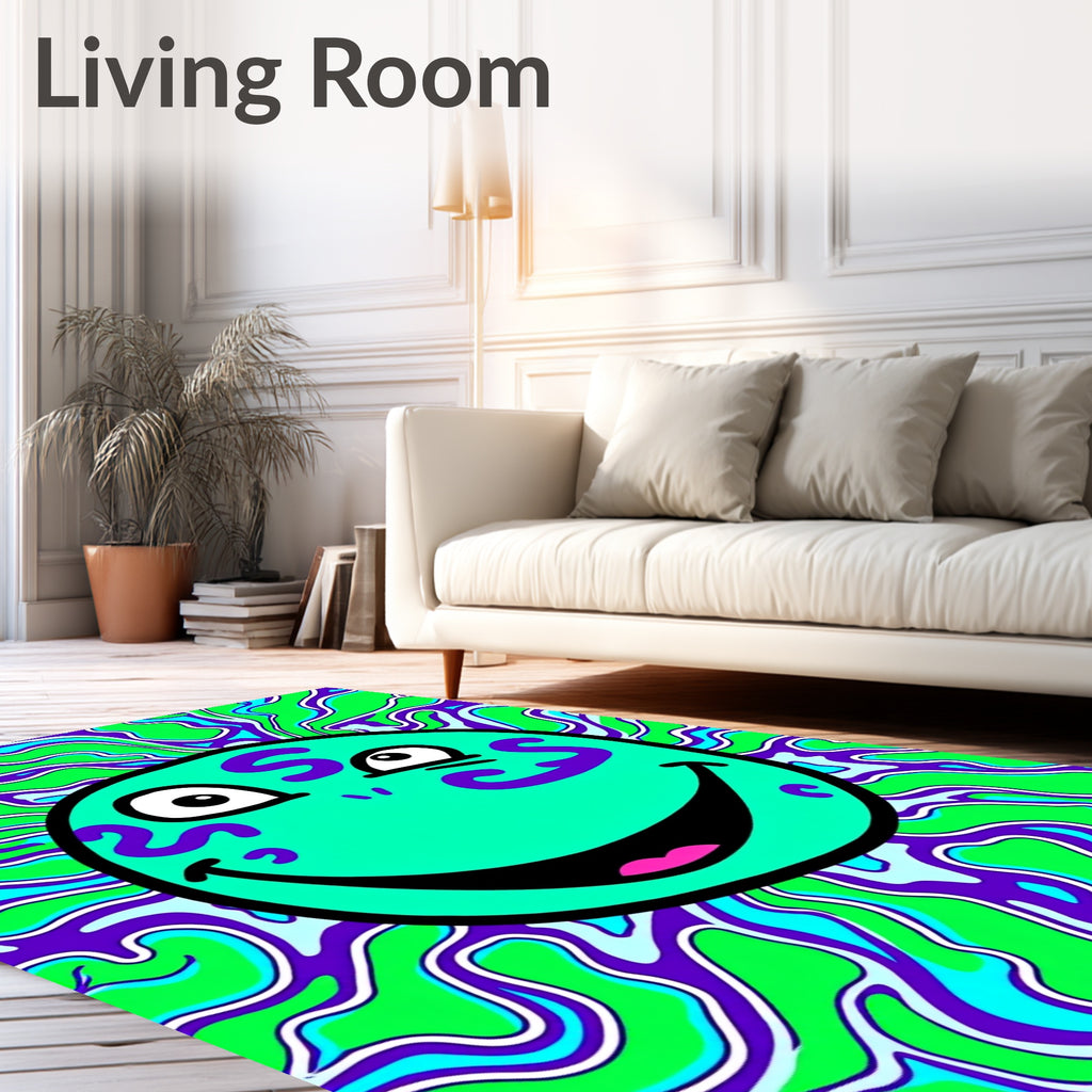 Psychedelic Teal Smiley Face Green Swirls Rug