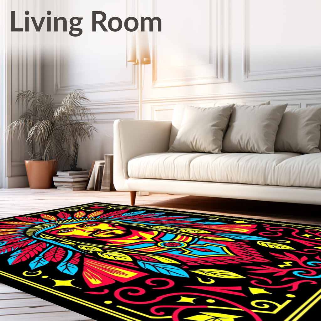 Tribal Chief Red Yellow Blue Feathers Rug