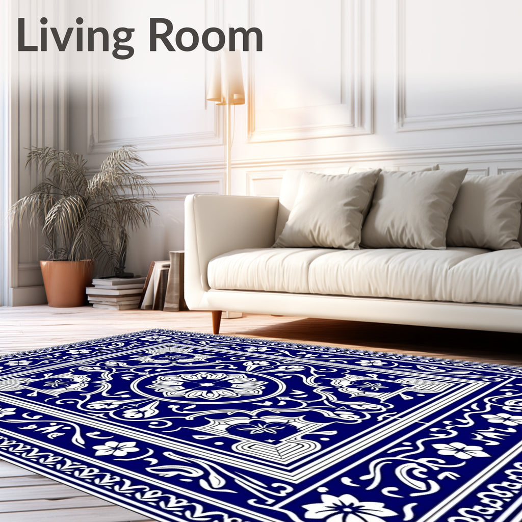 Cobalt Blue White Floral Medallion Laminate Rug