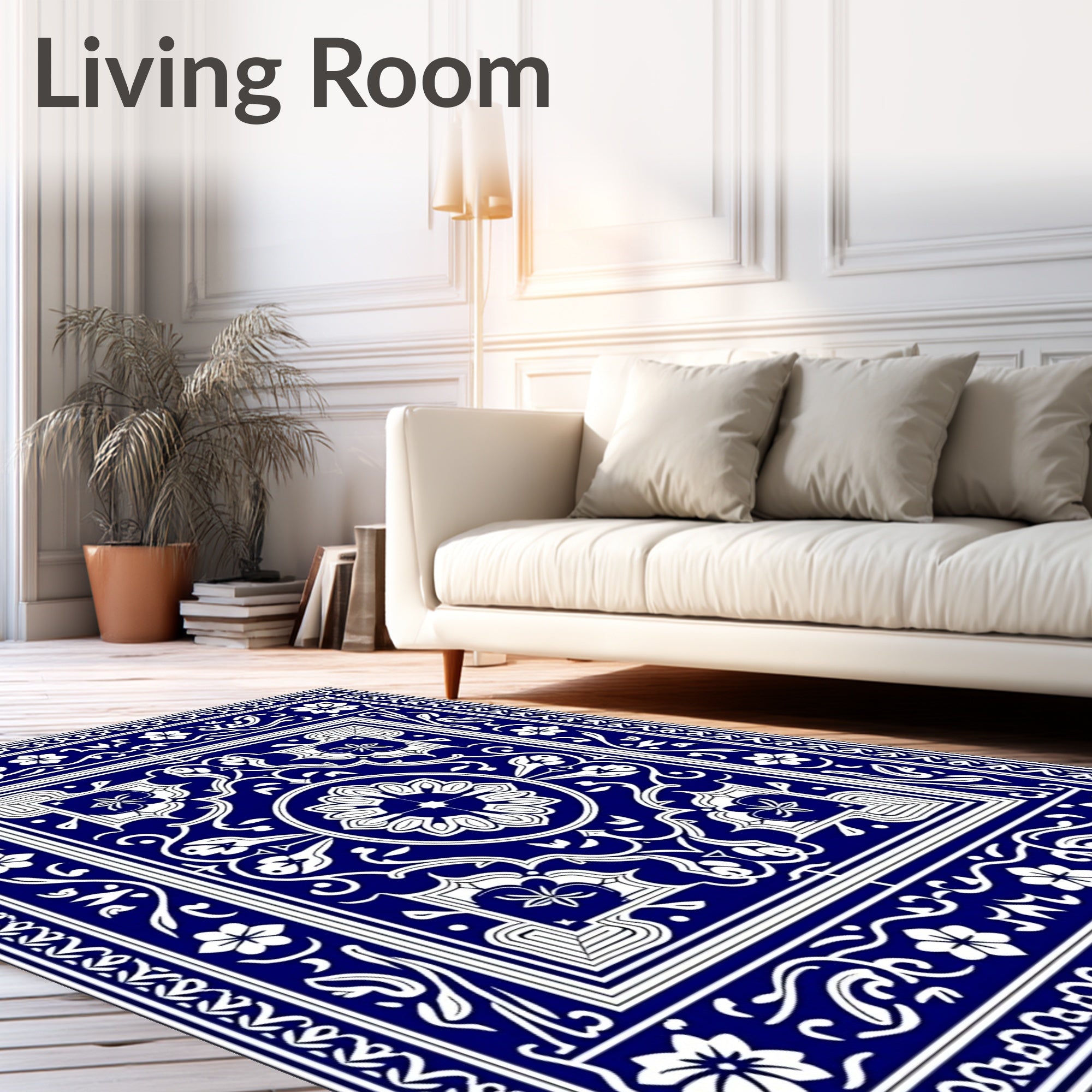 Cobalt Blue White Floral Medallion Laminate Rug