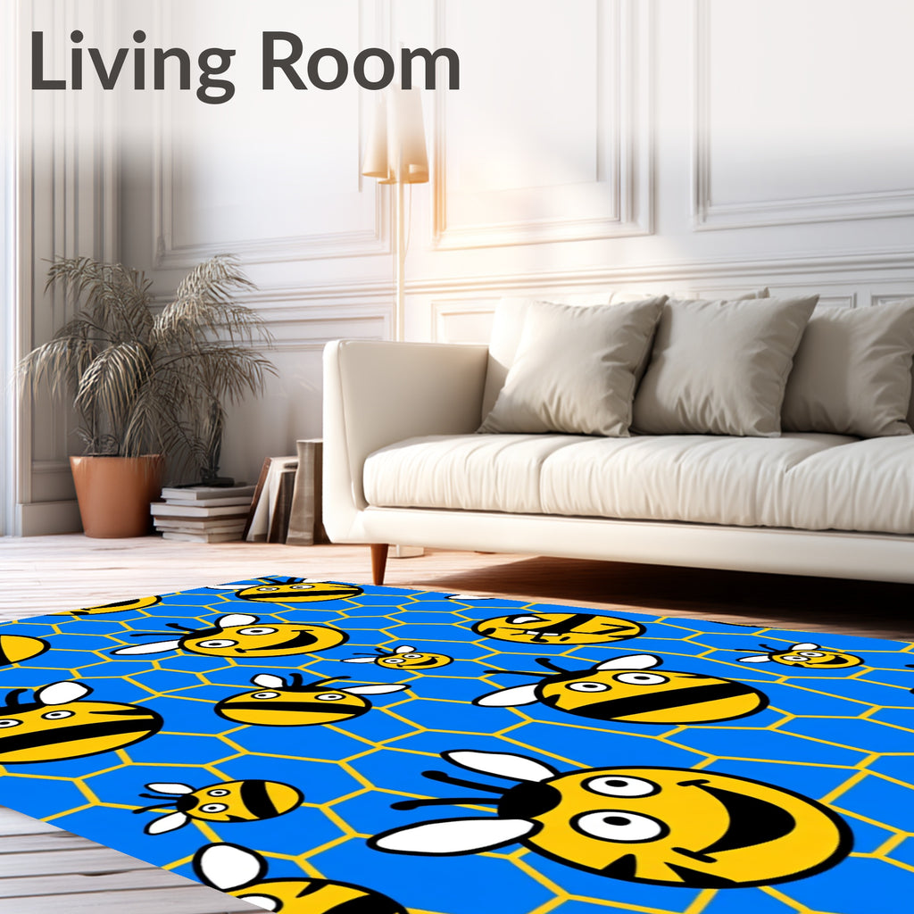 Yellow Bees Blue Honeycomb Background Rug