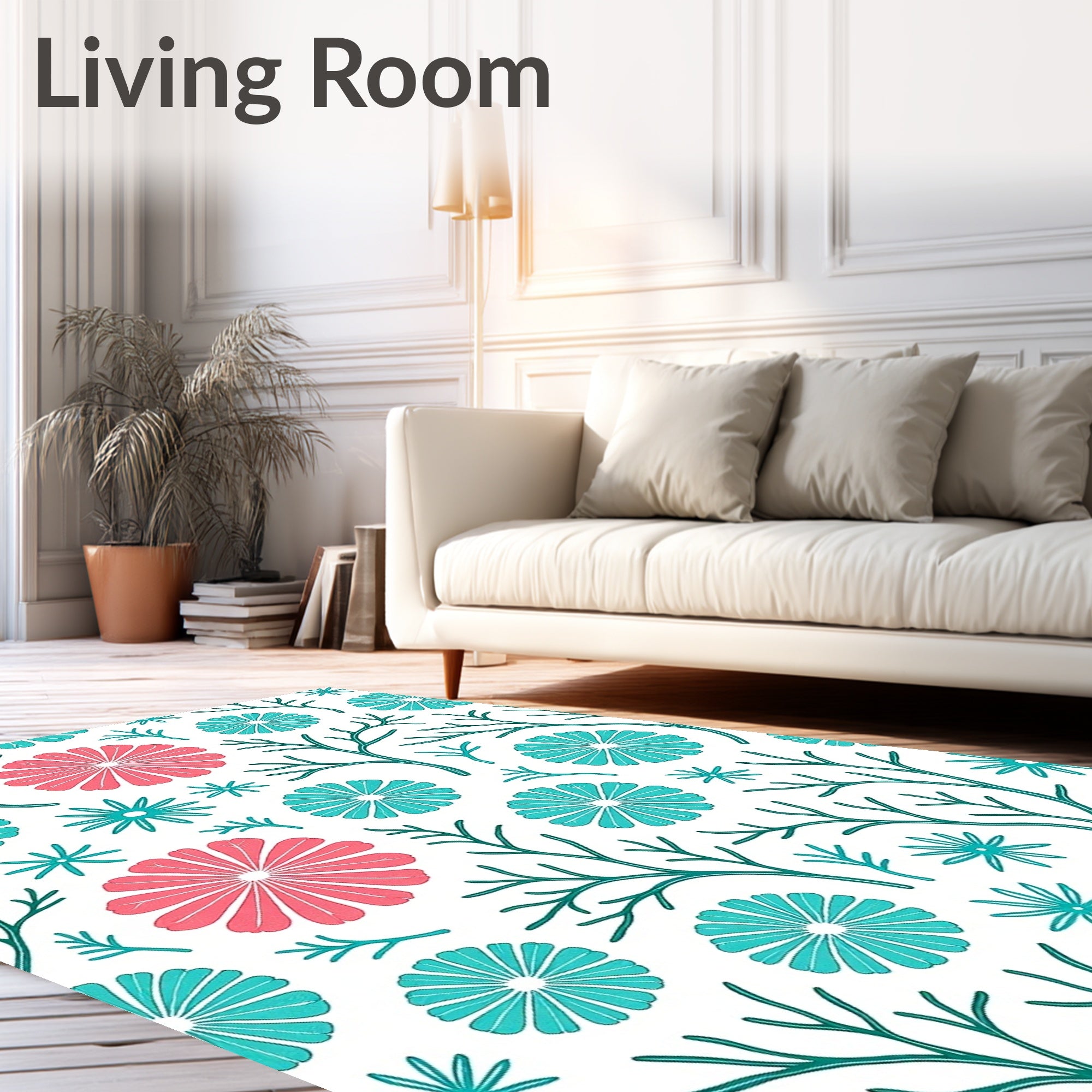 Coral Teal Blooming Branches Rug