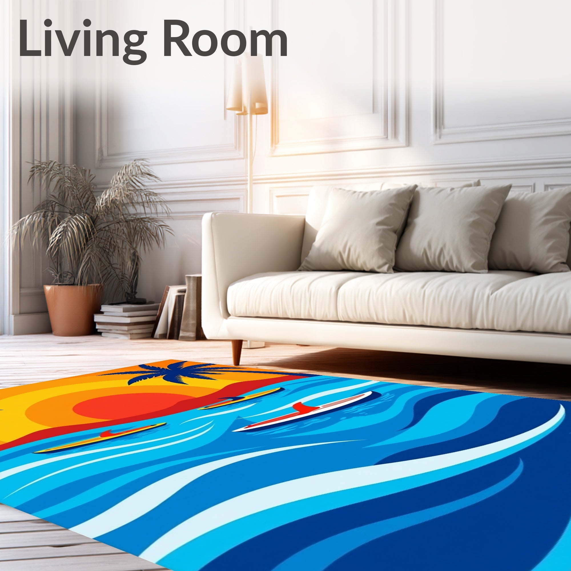 Tropical Sunset Surfboard Ocean Waves Rug