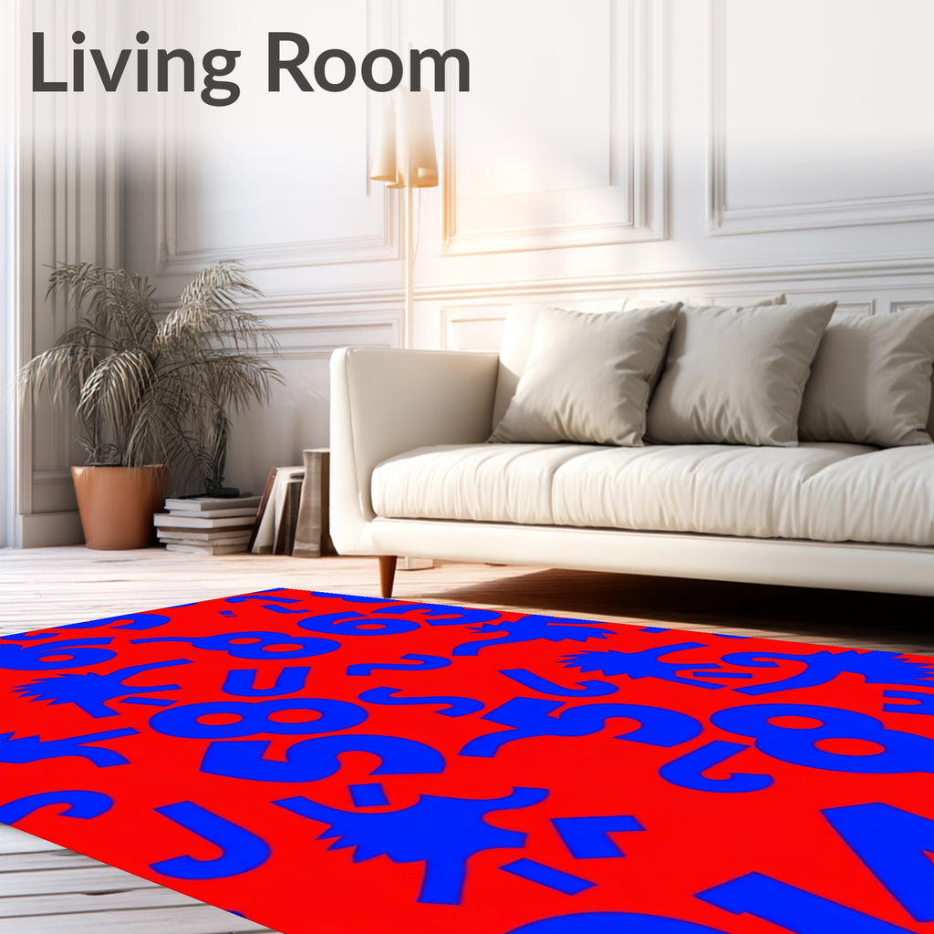 Bold Blue Numbers Chaotic Red Field Rug