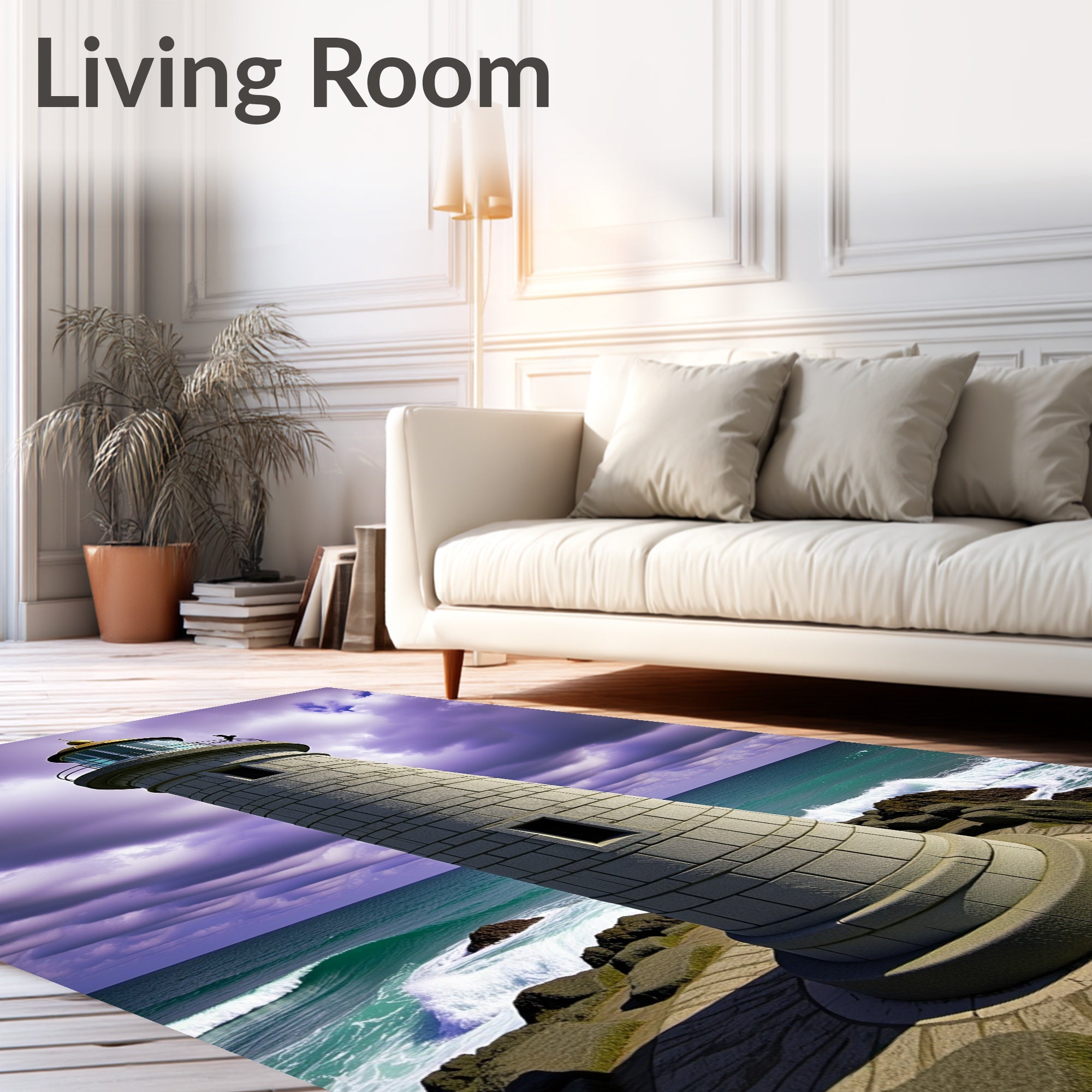 Coastal Stone Lighthouse Turquoise Waves Rug