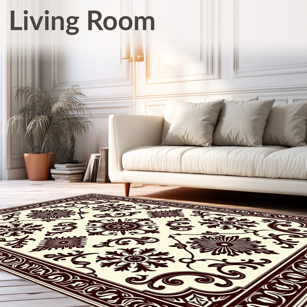 Ornate Dark Brown Floral Scroll Rug