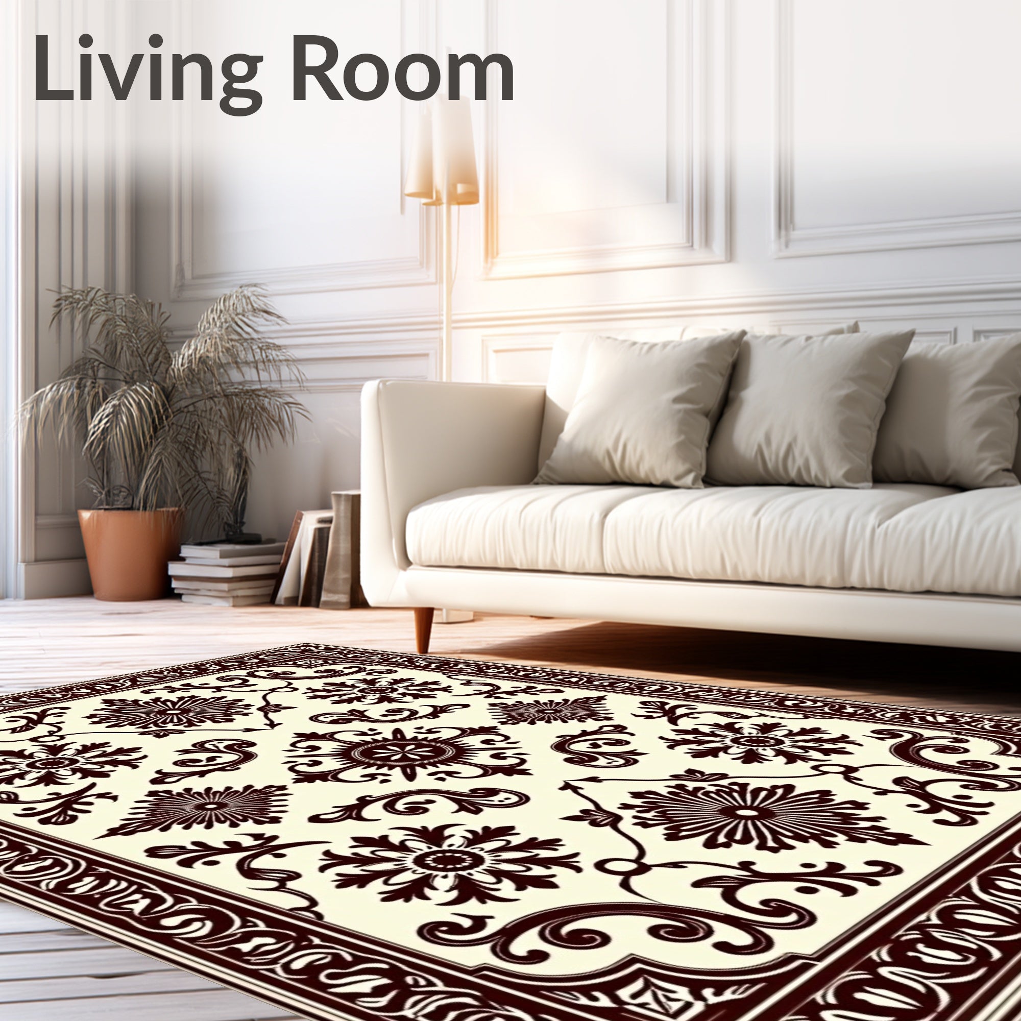 Ornate Dark Brown Floral Scroll Rug
