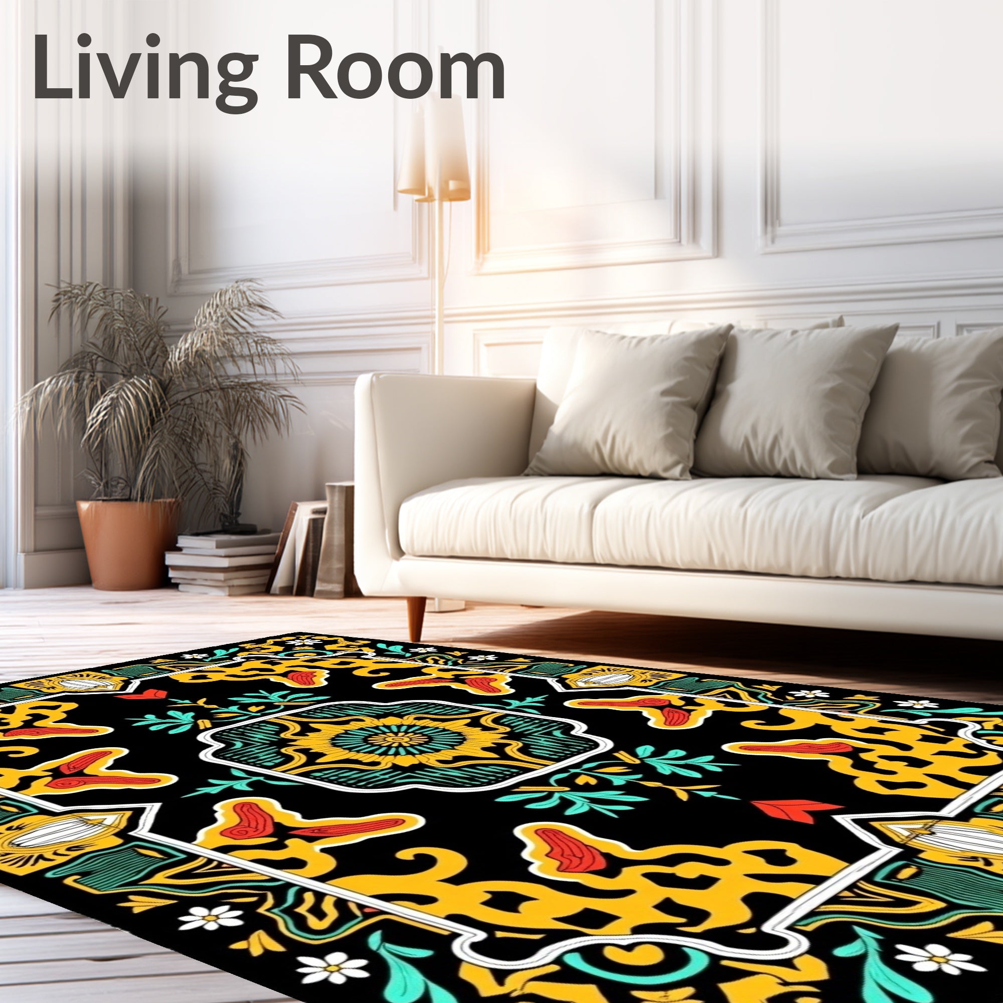 Black Yellow Red Teal Floral Medallion Rug