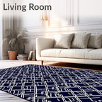 Dark Navy White Interlocking Lines Rug