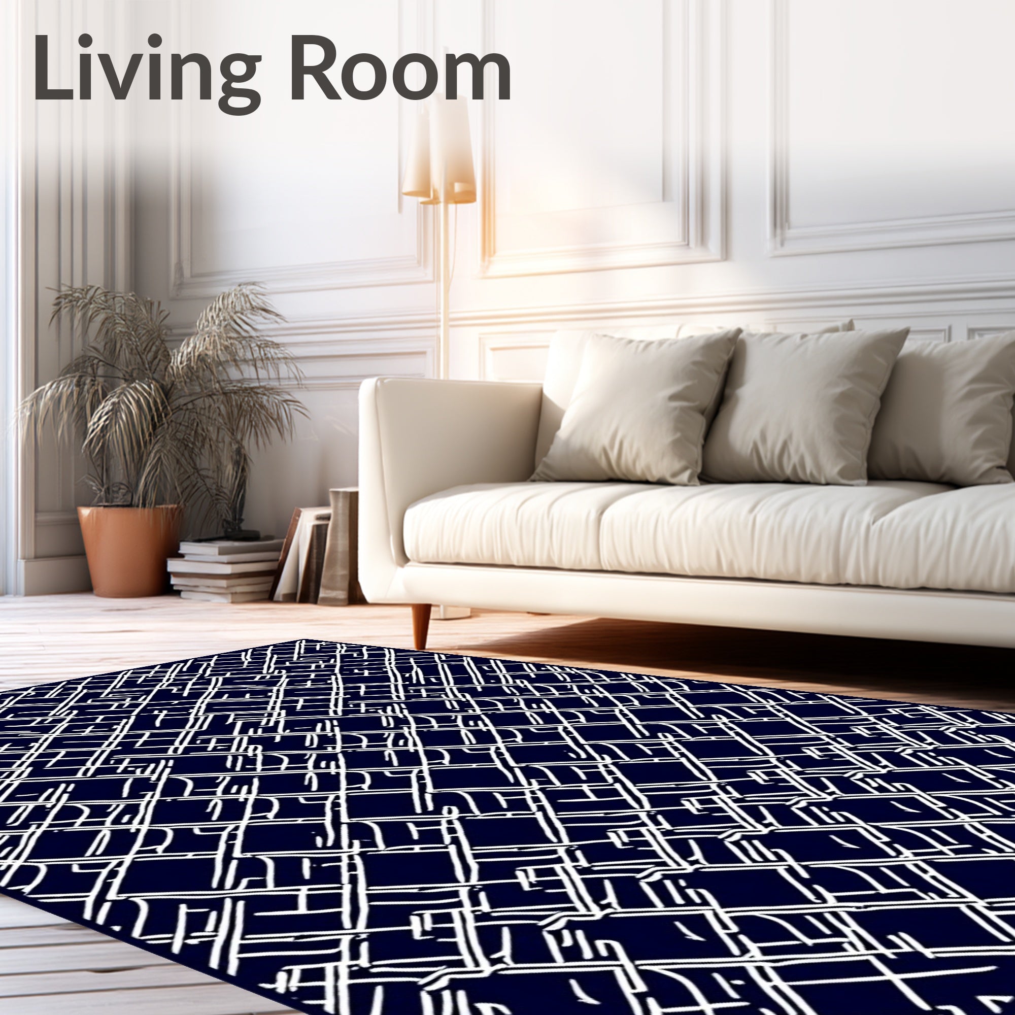 Dark Navy White Interlocking Lines Rug