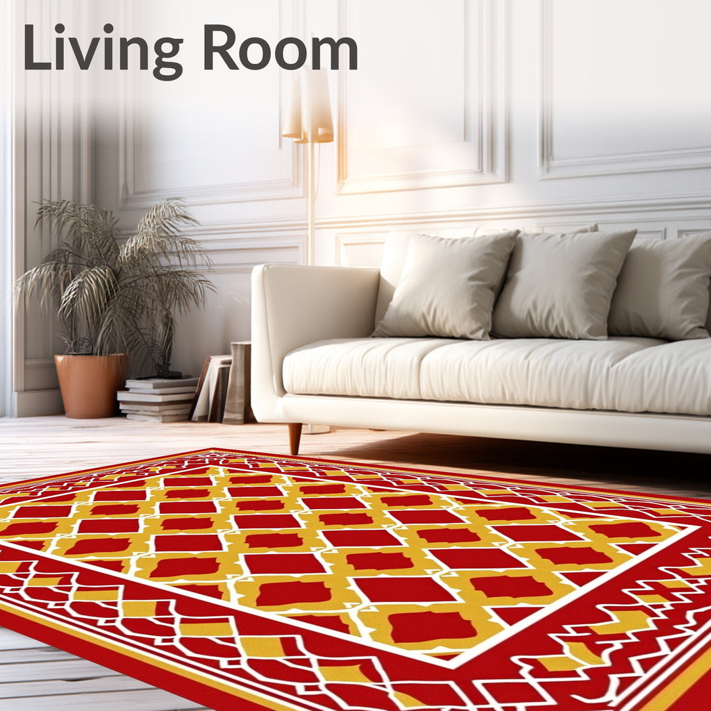 Bold Red Gold Geometric Diamond Frame Rug
