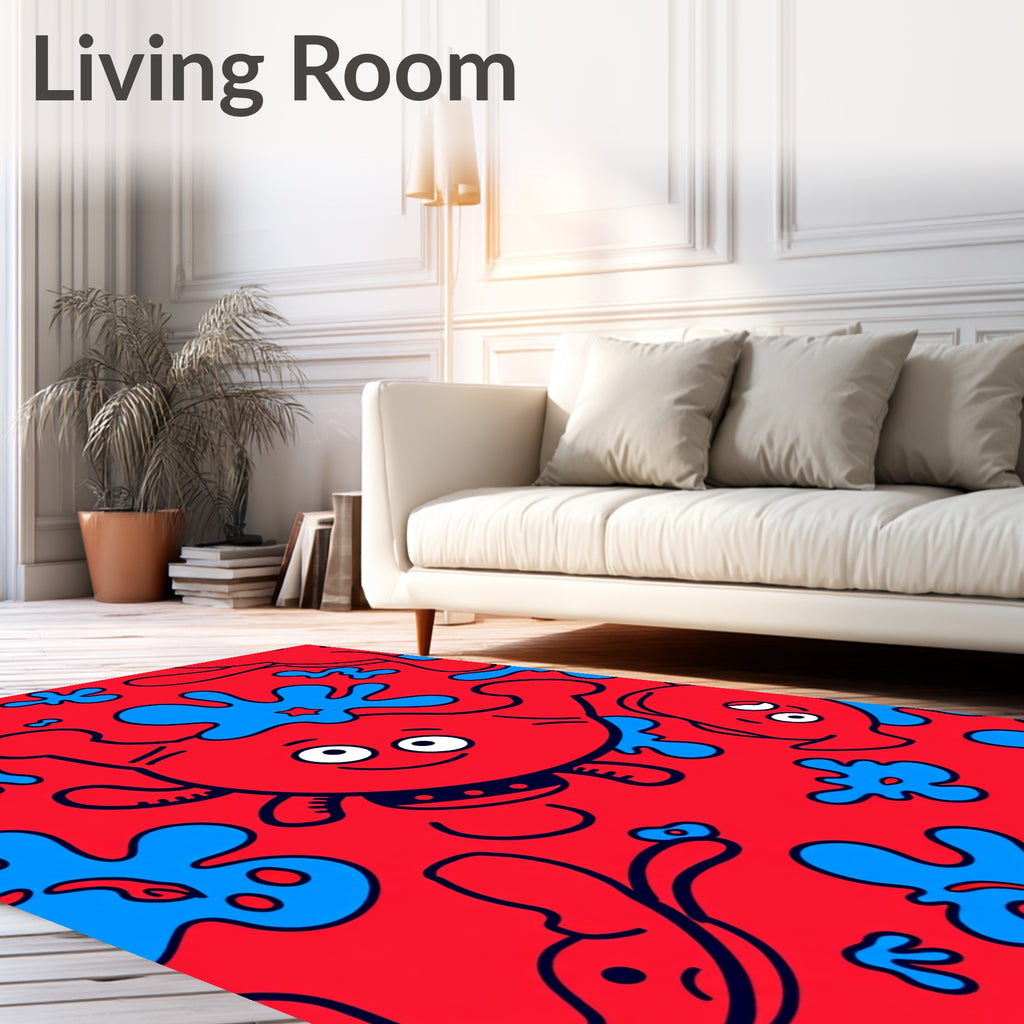 Red Blue Cartoonish Creature Splash Rug