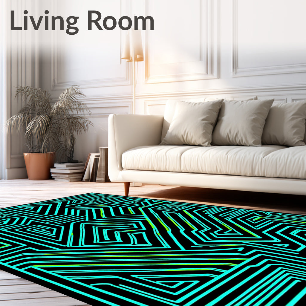 Bright Cyan Labyrinth Electric Lines Rug
