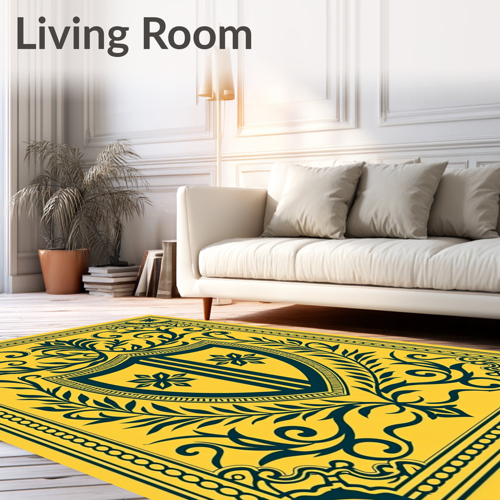 Golden Teal Heraldic Crest Floral Rug