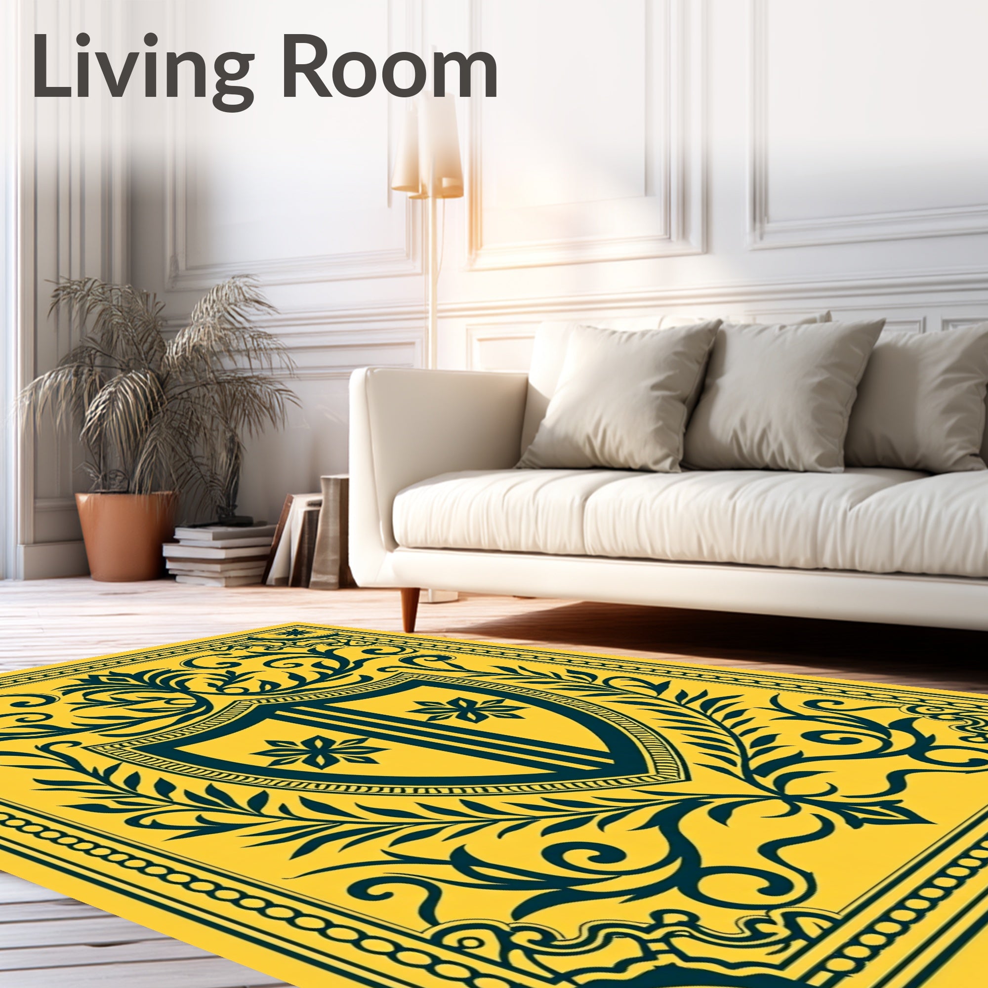 Golden Teal Heraldic Crest Floral Rug