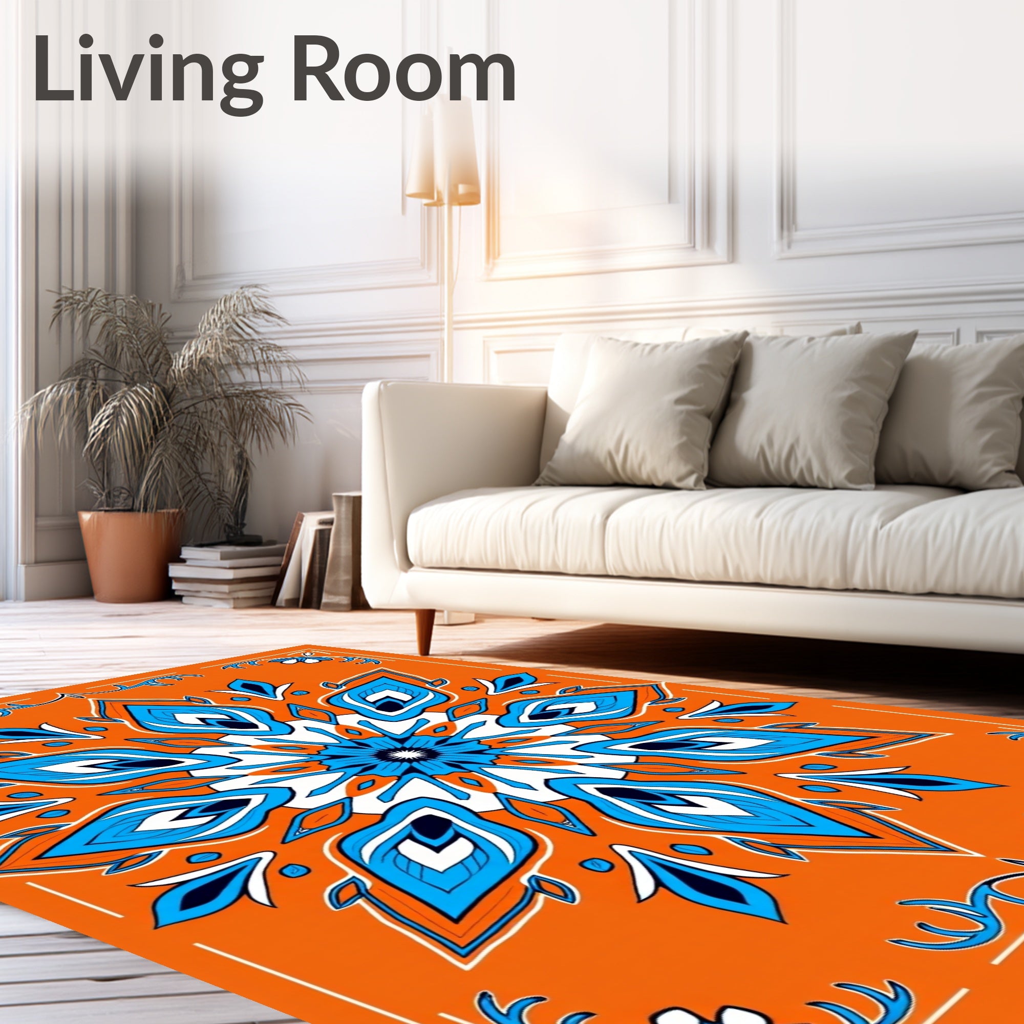 Bright Orange Blue Starburst Mandala Rug