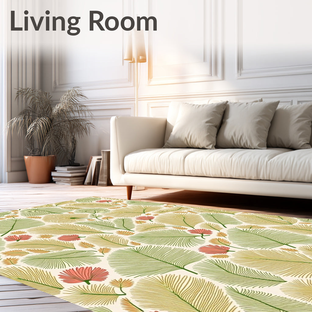 Coral Pink Green Palm Leaf Collage Rug