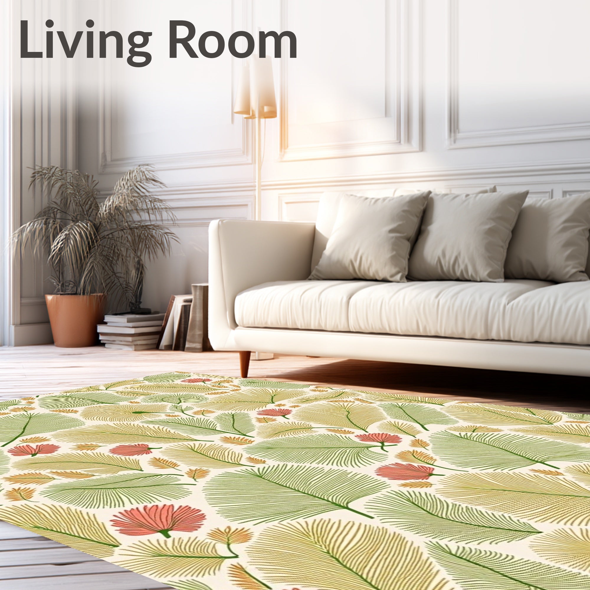 Coral Pink Green Palm Leaf Collage Rug