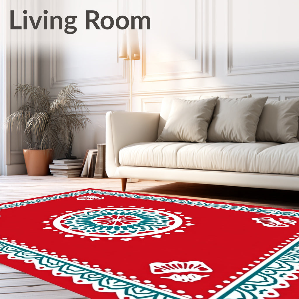 Crimson Teal Medallion Fan Border Rug