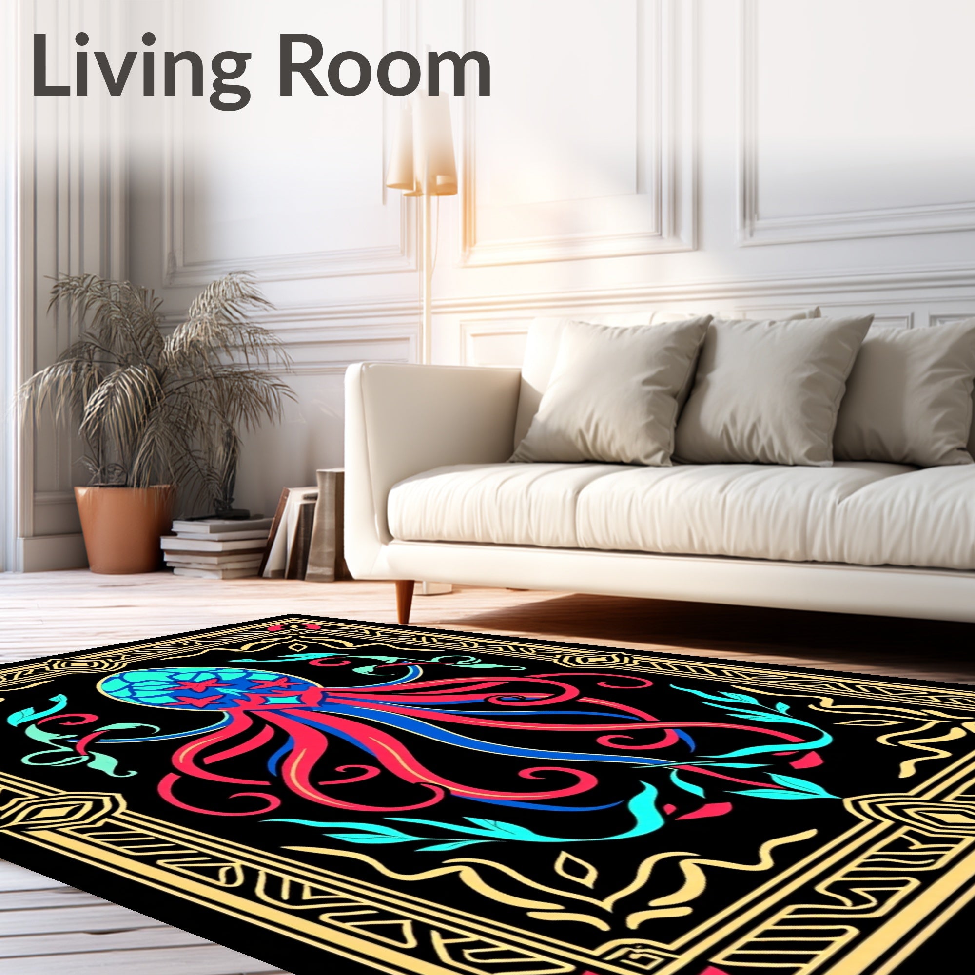 Vivid Teal Red Octopus Frame Rug