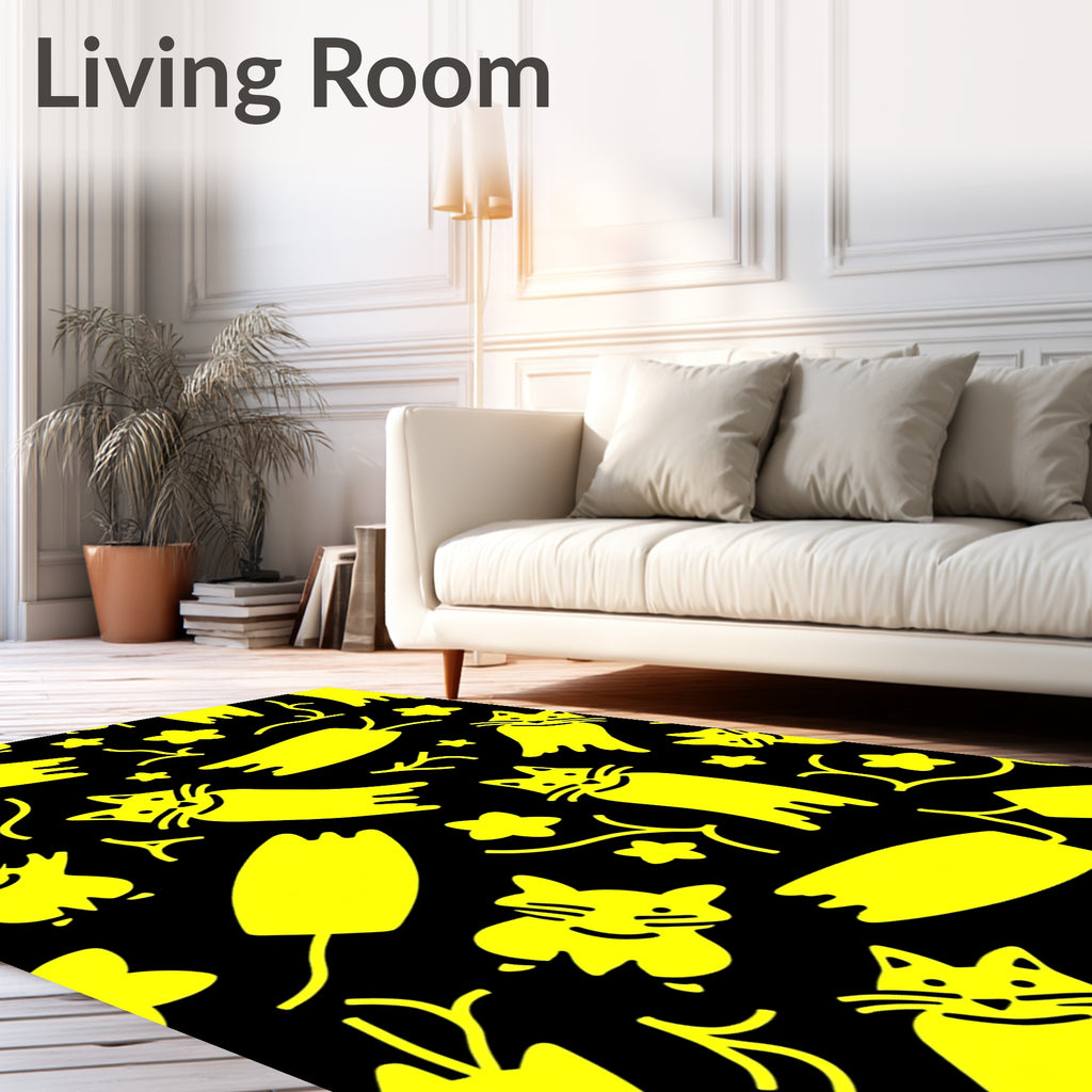 Bright Yellow Whimsical Cat Stars Rug