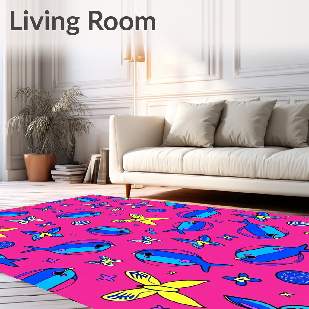 Vibrant Pink Butterfly And Fish Accents Rug