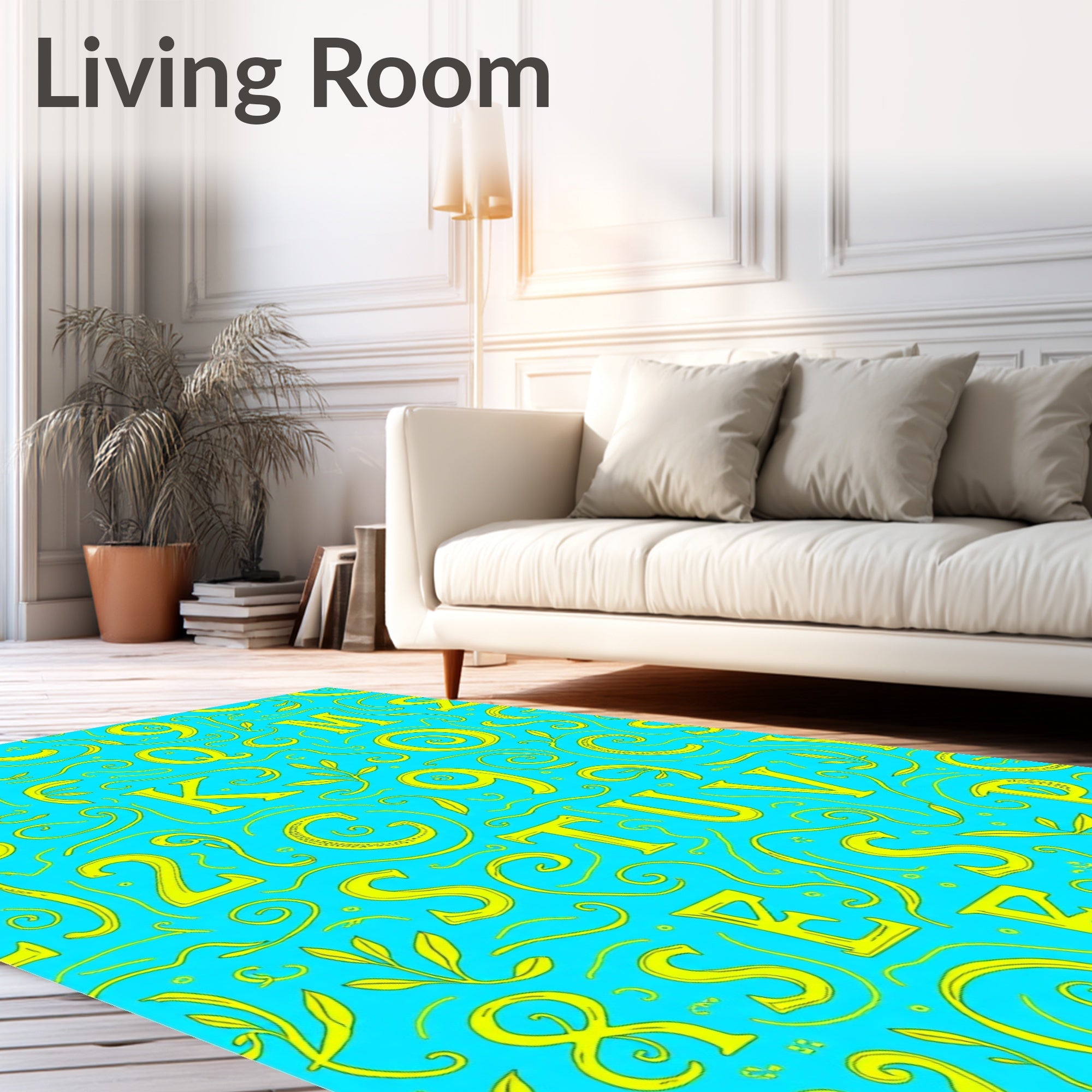 Yellow Alphabet Swirls on Aqua Background Rug