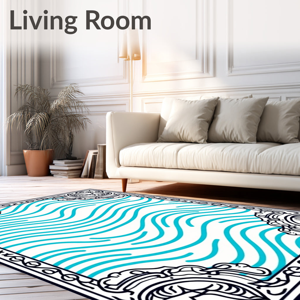 Classic Blue Wave Swirls Bordered Rug