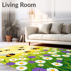 Joyful bees and blooming daisies scene Rug
