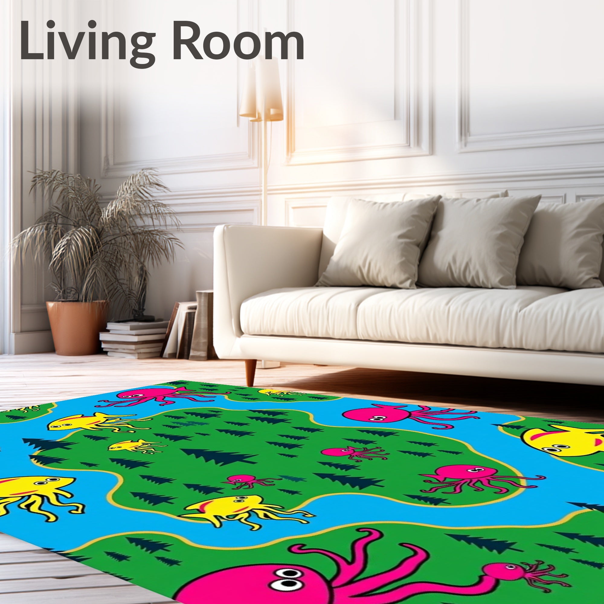 Vibrant Yellow Fish Pink Octopus Landscape Rug
