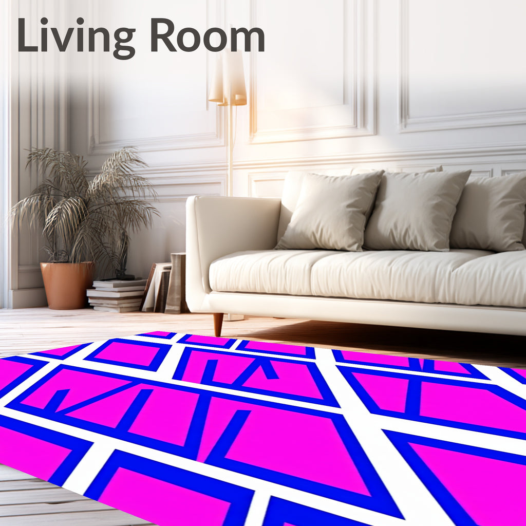Bold Pink White Geometric Blocks Rug