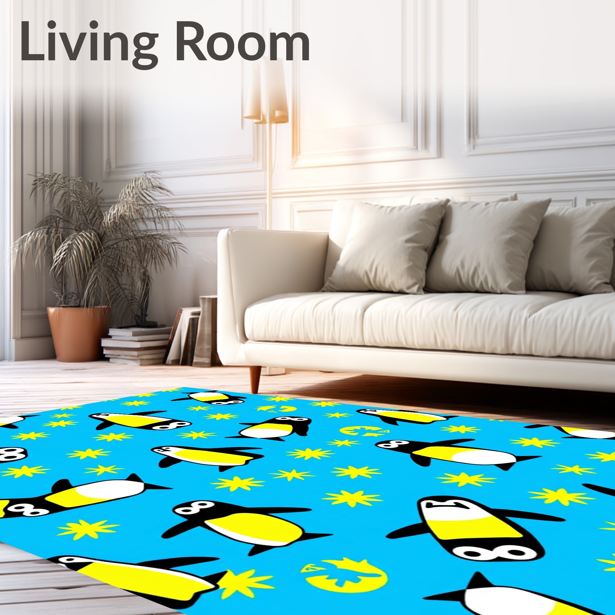 Cute Yellow Penguin Stars Blue Rug