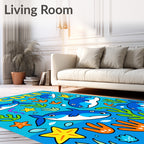 Cute Blue Sharks and Starfish Scene Rug