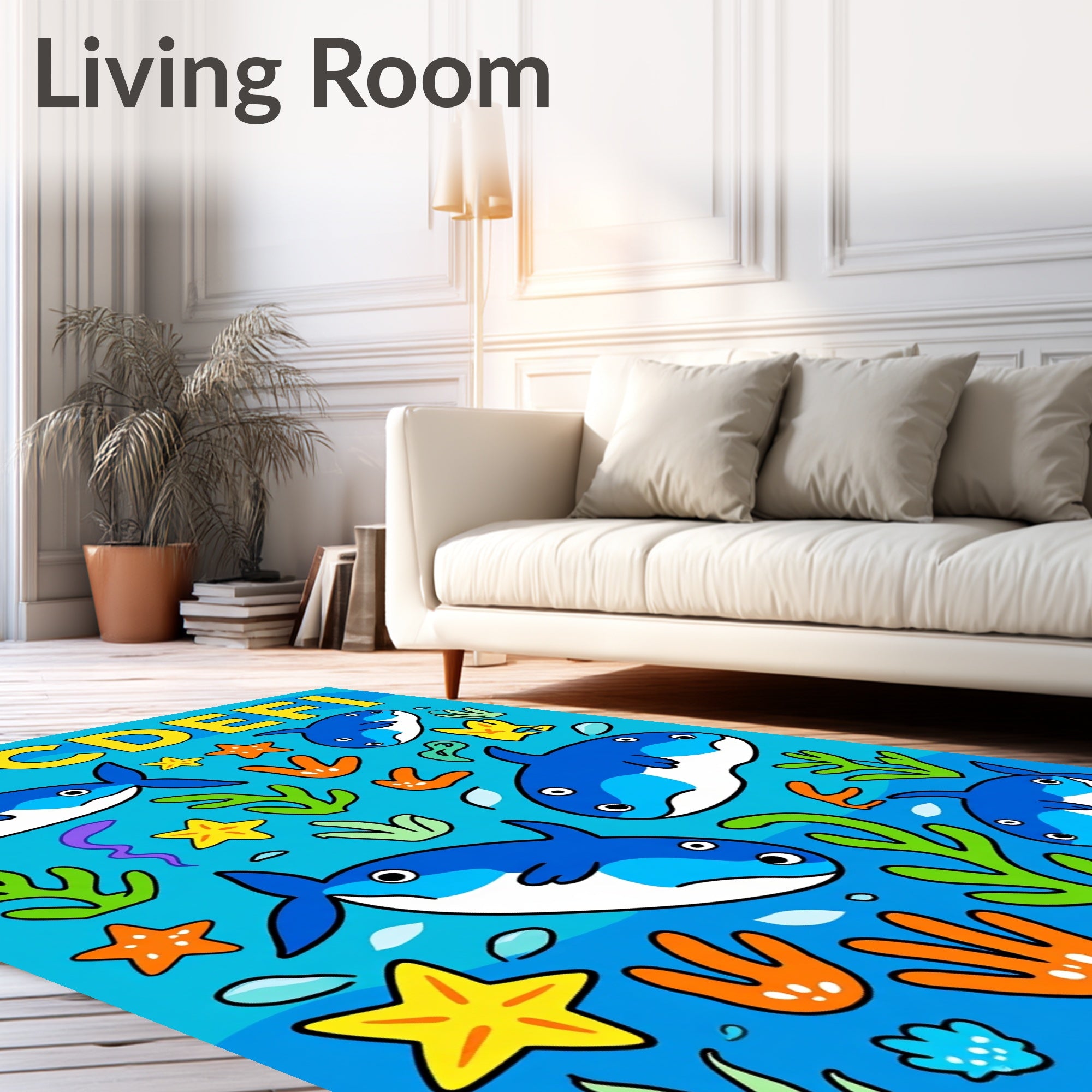 Cute Blue Sharks and Starfish Scene Rug