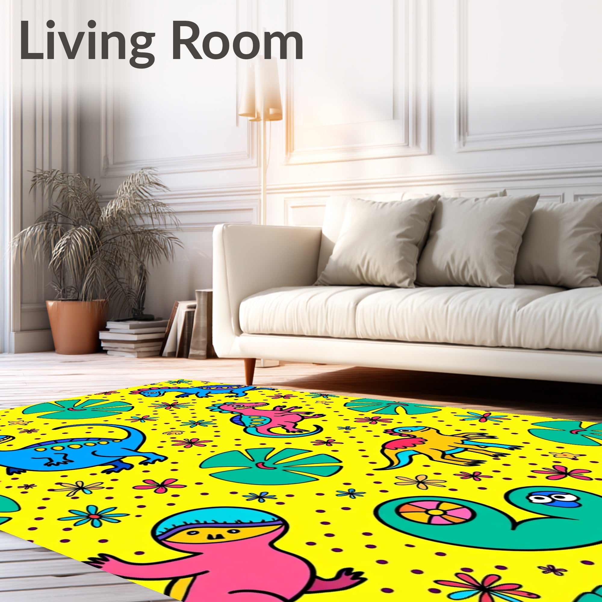 Bright Yellow Dinosaur Floral Fun Rug