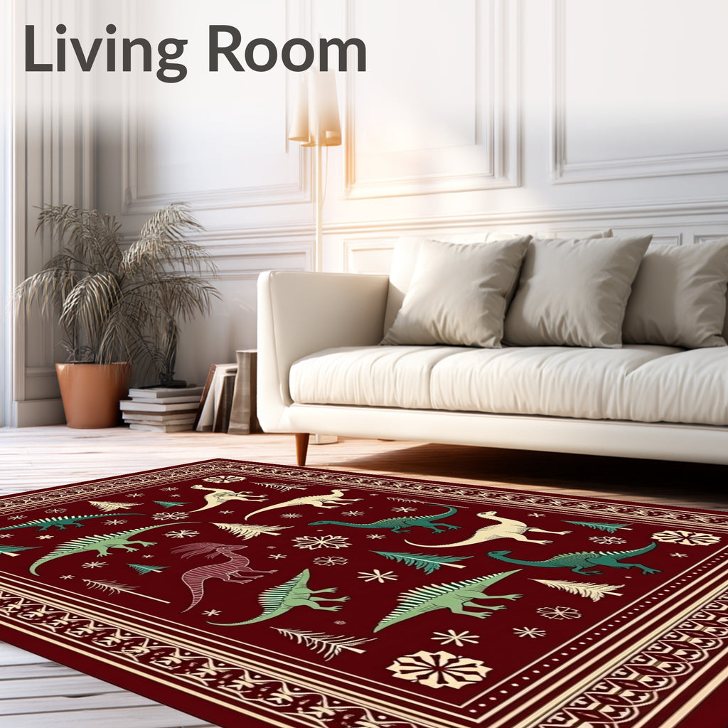 Crimson Festive Dinosaur Woodland Scene Rug