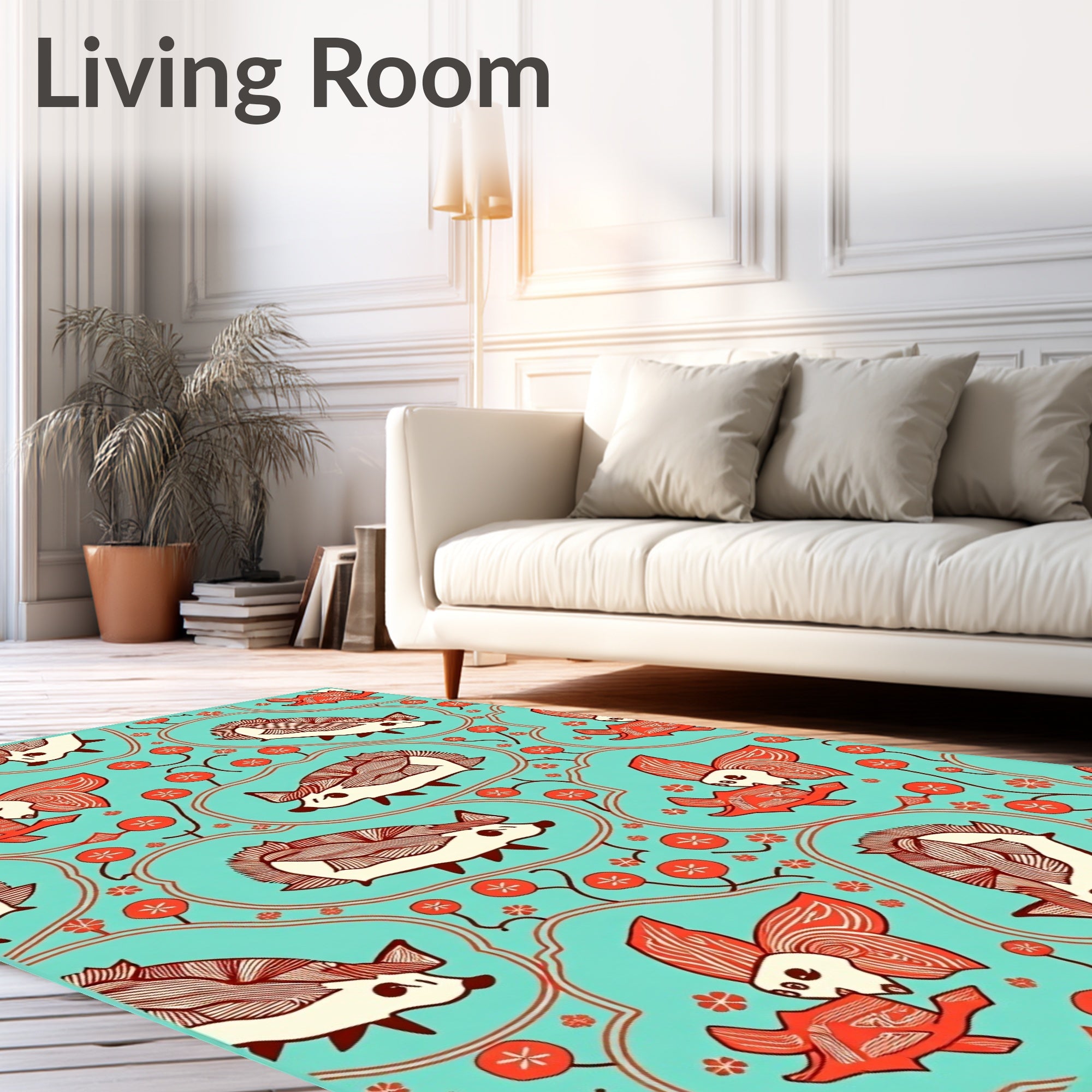 Aqua Hedgehog Fish Floral Whimsical Rug