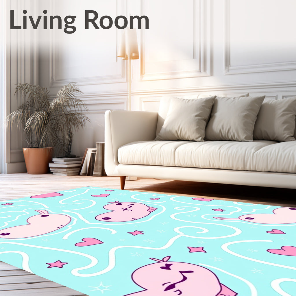 Whimsical Pink Hippo Hearts Stars Rug